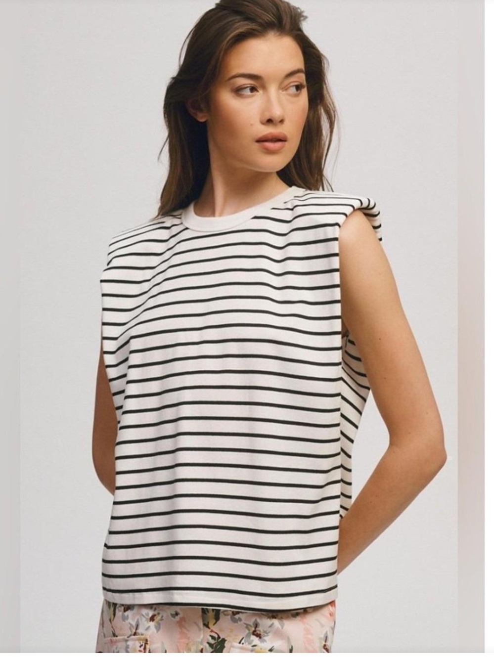 Maeve By Anthropologie Sleeveless Black & White Striped Top Shoulder Pads Size L